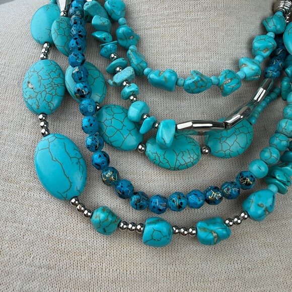 Multi-strand (5) Faux Turquoise Dyed Howlite & Silver Tone Necklace 18.5" Chunky - Picture 2 of 6